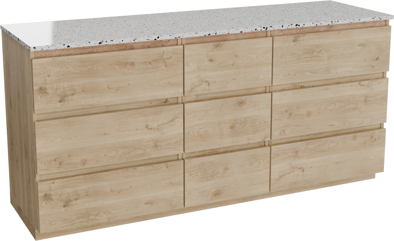 Balmani Lucida meuble salle de bains à poser 180 x 55 cm chêne brut avec Stretto tablette simple ou double en blanc/noir mat terrazzo