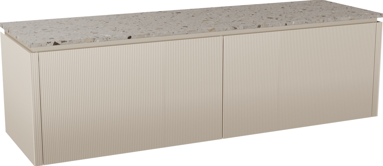 Balmani Eclips meuble salle de bains suspendu 180 x 55 cm Sandbeige avec Stretto tablette simple ou double vasque en Terrazzo greige, Nervure droite symétrique verticale