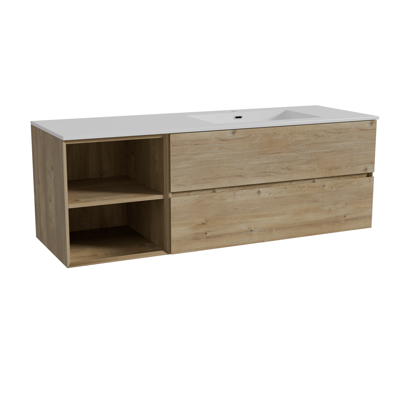 Storke Edge meuble salle de bains suspendu 150 x 52 cm chêne brut avec Diva plan vasque asymétrique à droite en marbre composite blanc brillant