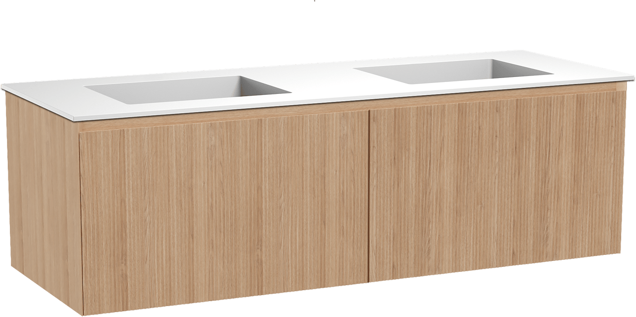 Balmani Fila meuble salle de bains suspendu 150 x 55 cm chêne naturel avec Tablo Stretto double vasque en solid surface blanc mat, Nervure droite symétrique verticale