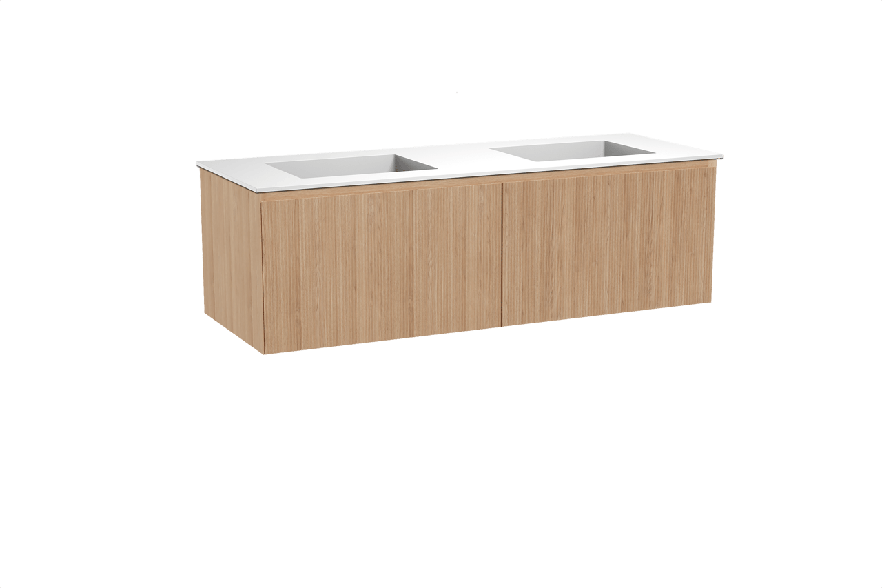Balmani Fila meuble salle de bains suspendu 150 x 55 cm chêne naturel avec Tablo Stretto double vasque en solid surface blanc mat, Nervure droite symétrique verticale