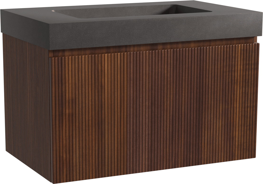 Storke Ribs zwevend badmeubel 85 x 52 cm notenhout met Scuro High enkele wastafel in kwarts mat zwart, Verticale symmetrische rechte ribbel