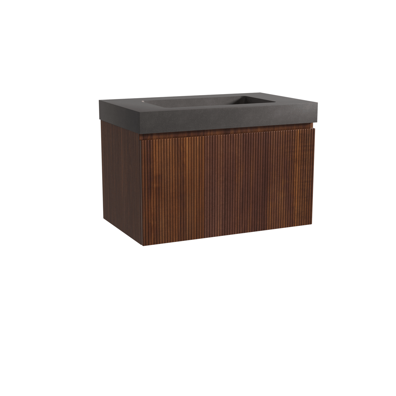 Storke Ribs hängendes Möbelstück Set: 85 x 52 cm, Nussbaum, mit Scuro High Einzelwaschtisch, Quarz, Schwarz matt, Vertikale symmetrische gerade Rippe