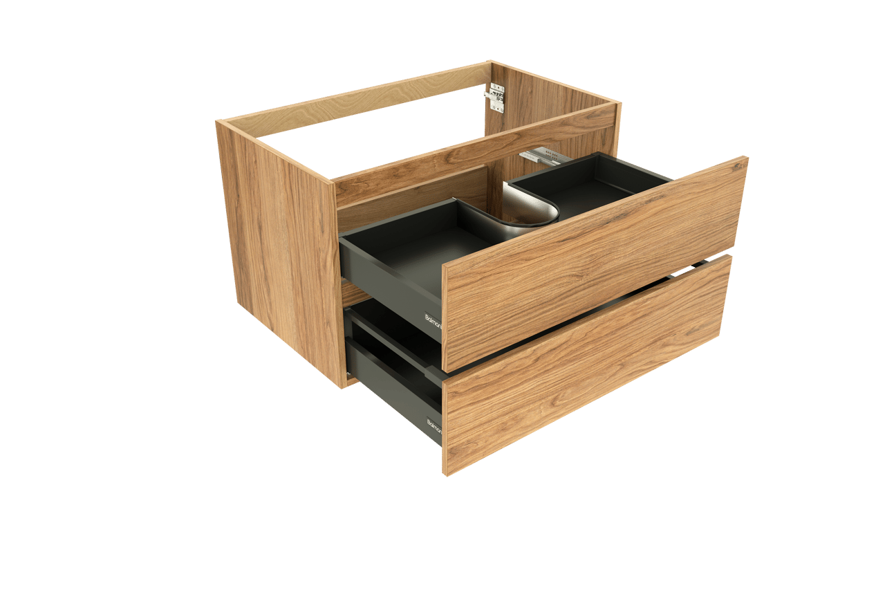 Balmani Lucida hängender Waschbeckenunterschrank: 90 x 55 cm, Teak, 2 Schubladen