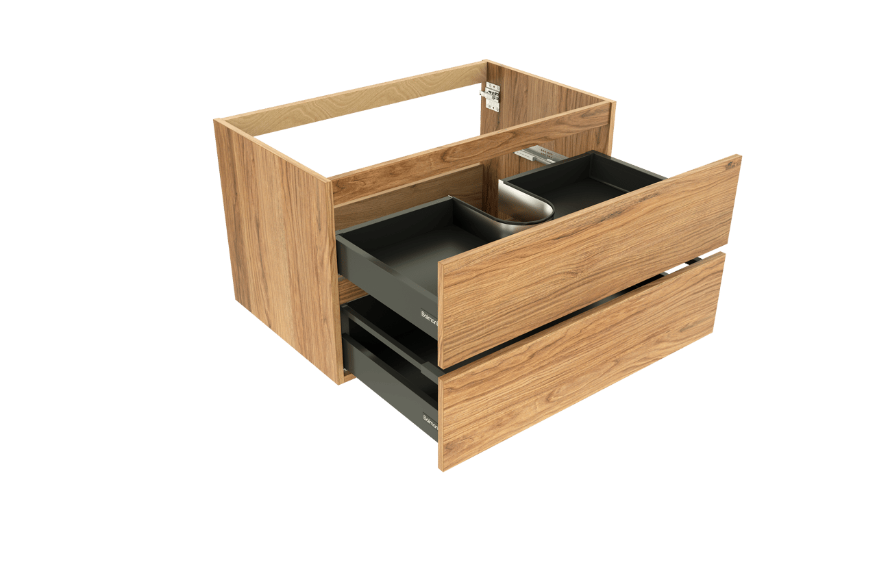 Balmani Lucida hängender Waschbeckenunterschrank: 90 x 55 cm, Teak, 2 Schubladen