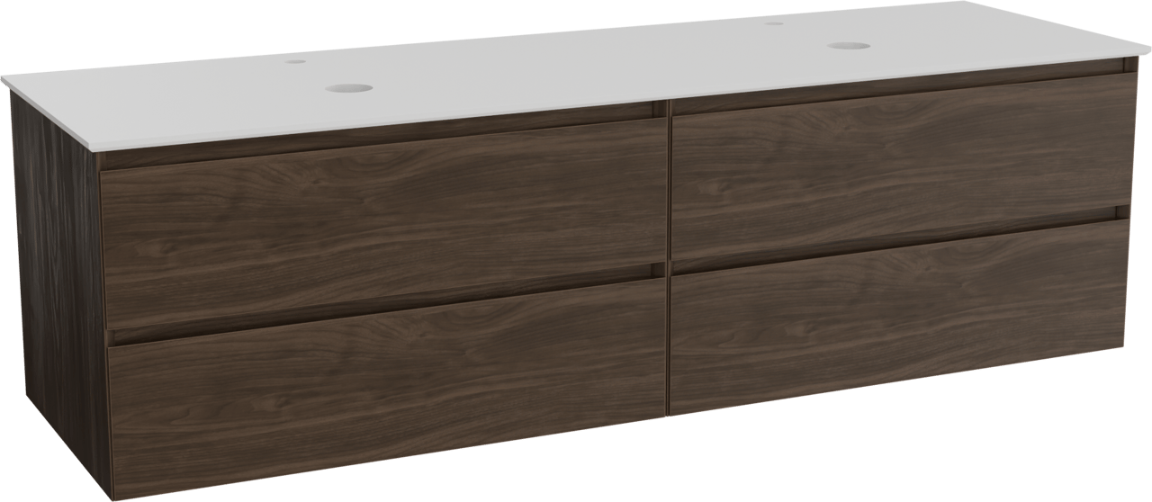 Balmani Mitra hängendes Möbelstück Set: 180 x 55 cm, Amerikanischer Nussbaum, mit Facetta Doppel Waschtischplatte, Solid Surface Weiß matt