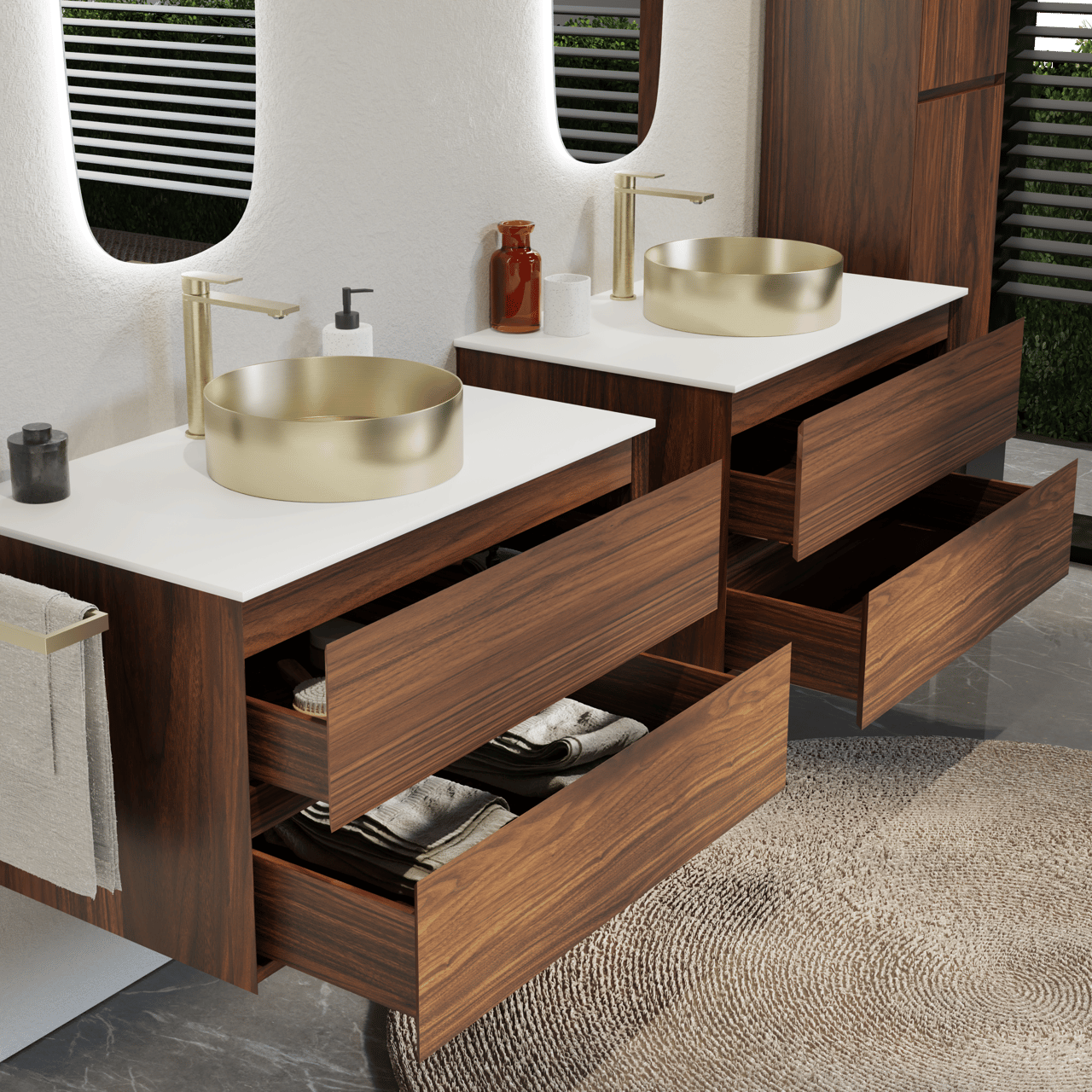 Balmani Mitra meuble salle de bains suspendu 90 x 55 cm noyer avec Stretto tablette simple en solid surface blanc mat