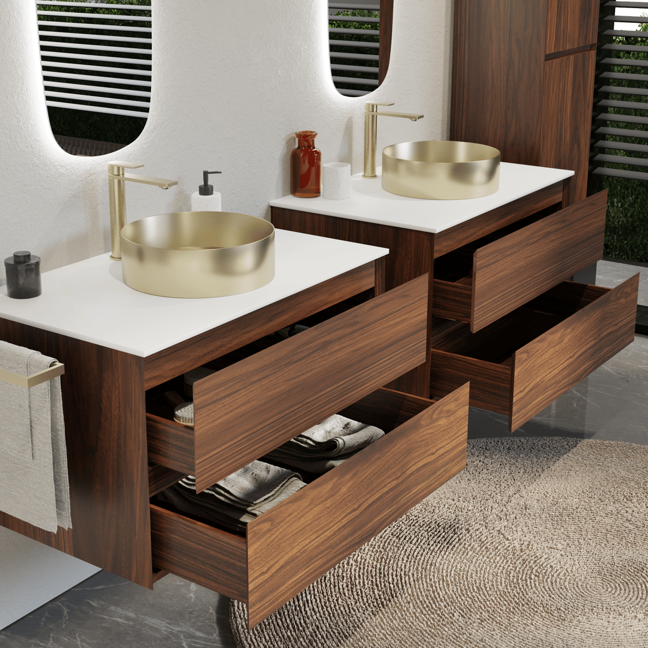 Balmani Mitra zwevend badkamermeubel 90 x 55 cm notelaar met Stretto enkel tablet in solid surface mat wit