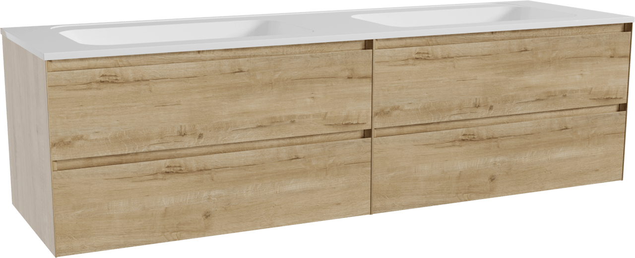 Balmani Mitra hängendes Möbelstück Set: 180 x 55 cm, Rohe Eiche, mit Tablo Strada Doppelwaschtisch, Marmorkomposit Weiß glänzend