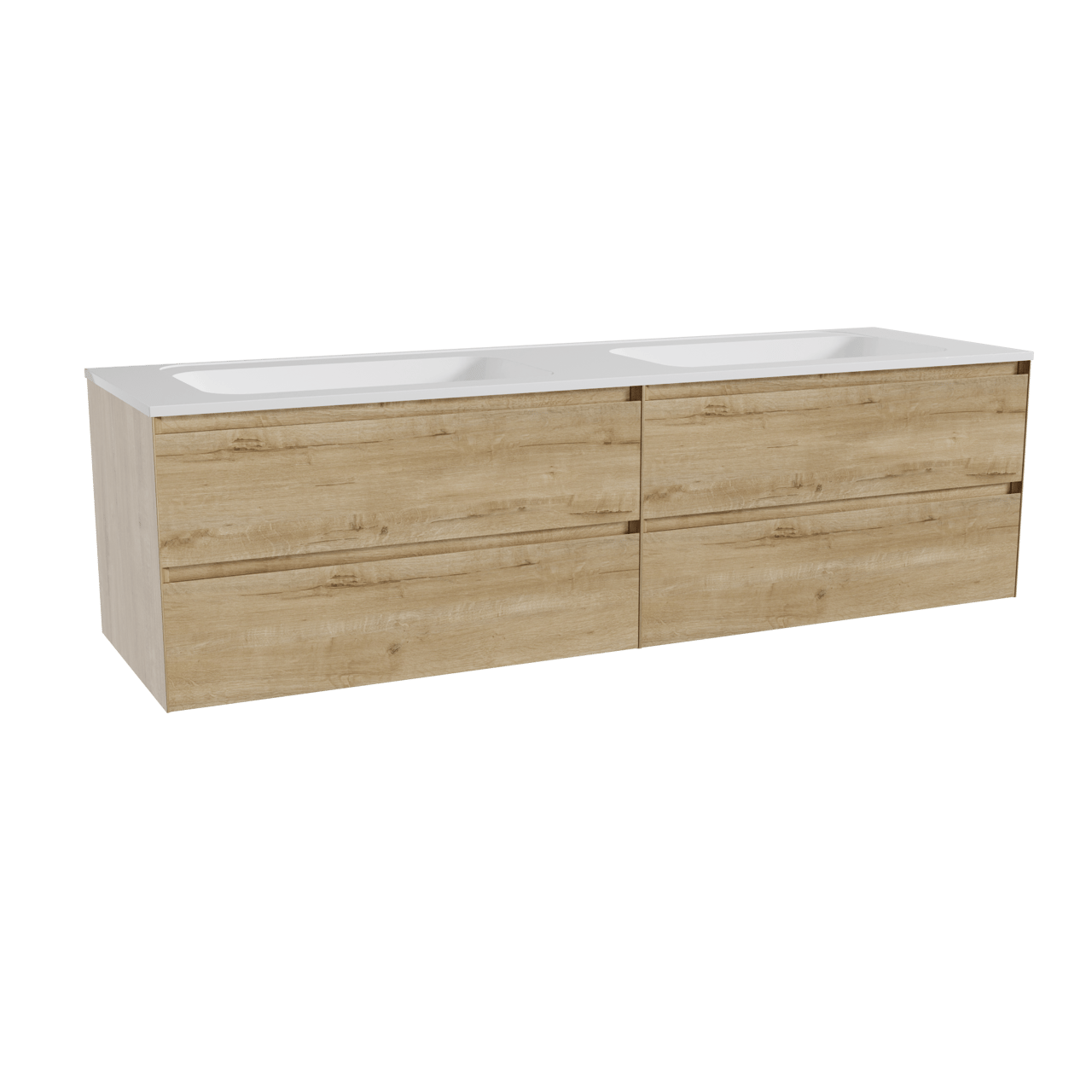 Balmani Mitra zwevend badkamermeubel 180 x 55 cm ruwe eik met Tablo Strada dubbele wastafel in composietmarmer glanzend wit