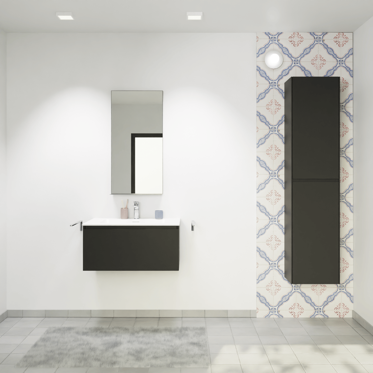 Storke Edge hängendes Möbelstück Set: 75 x 52 cm, Schwarz matt, mit Mata Einzelwaschtisch, Solid Surface Weiß matt