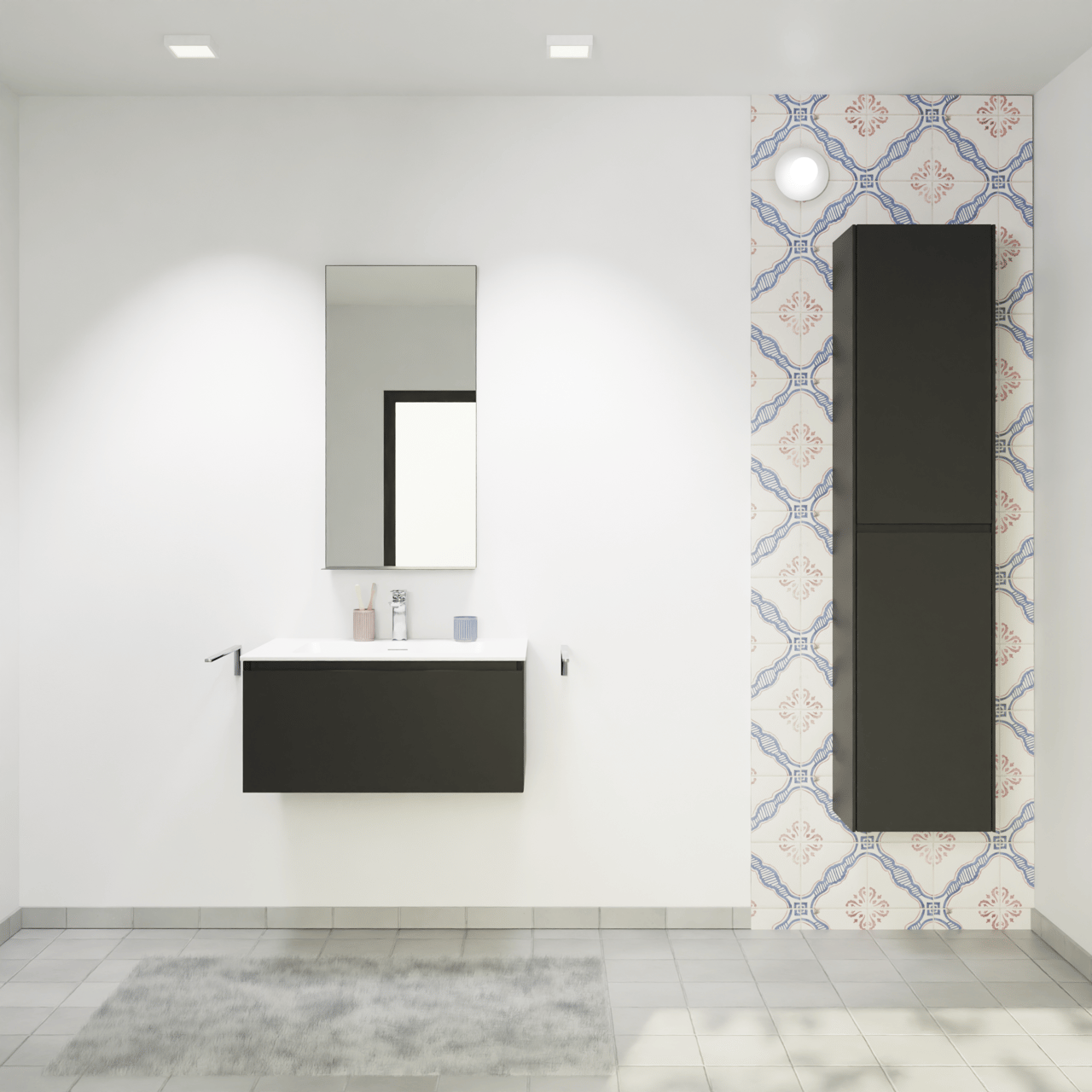 Storke Edge zwevend badkamermeubel 75 x 52 cm mat zwart met Mata enkele wastafel in solid surface mat wit