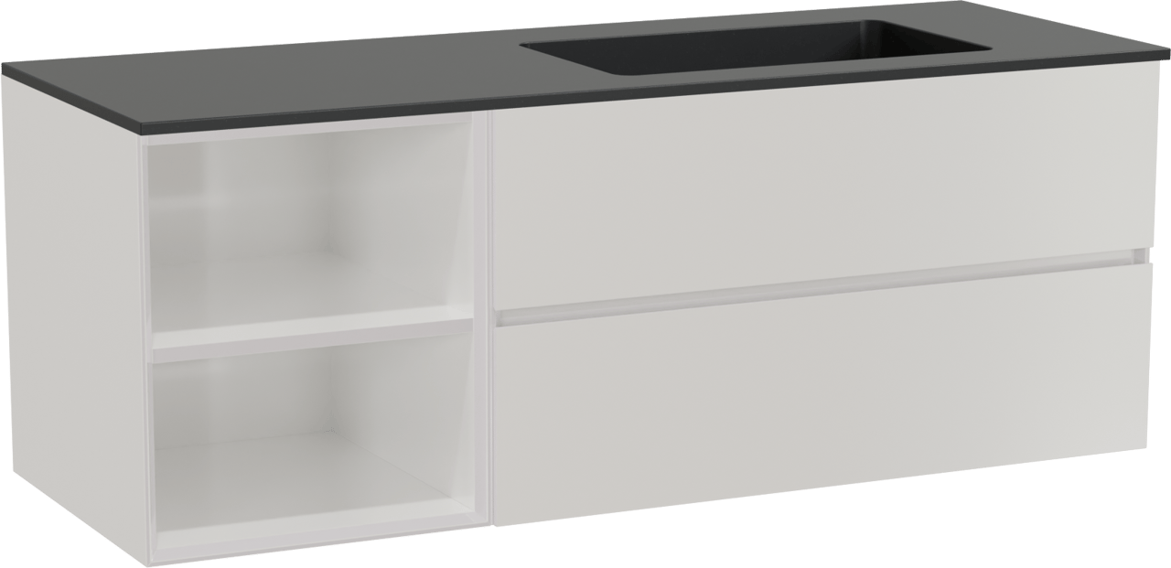 Storke Edge zwevend badmeubel 140 x 52 cm hoogglans wit met Scuro asymmetrisch rechtse wastafel in kwarts mat zwart