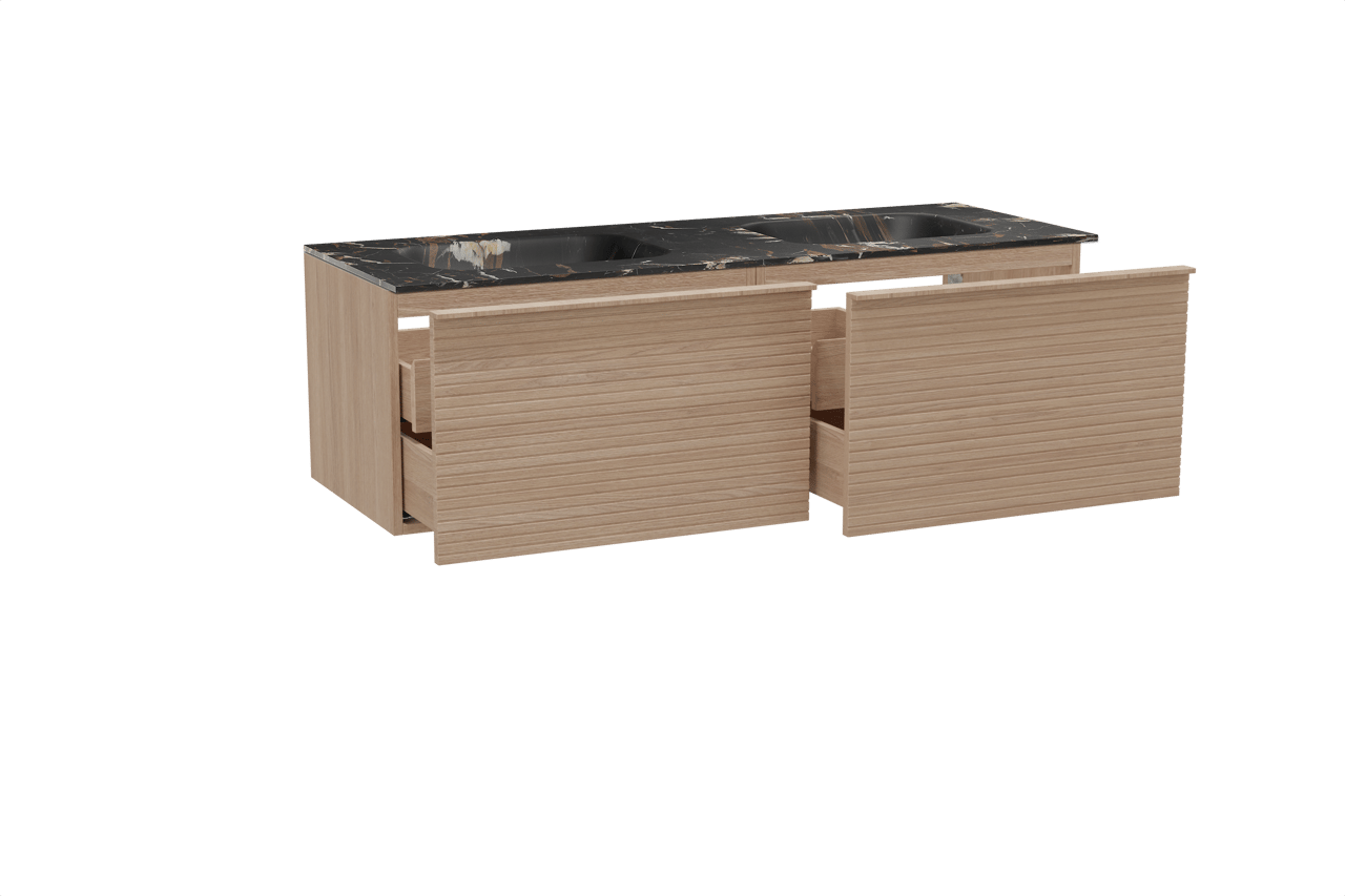 Balmani Forma hängendes Möbelstück Set: 150 x 55 cm, Naturbelassene Eiche, mit Tablo Arcato Doppelwaschtisch, Marmor, Portoro Gold, Horizontale symmetrische gerade Rippe