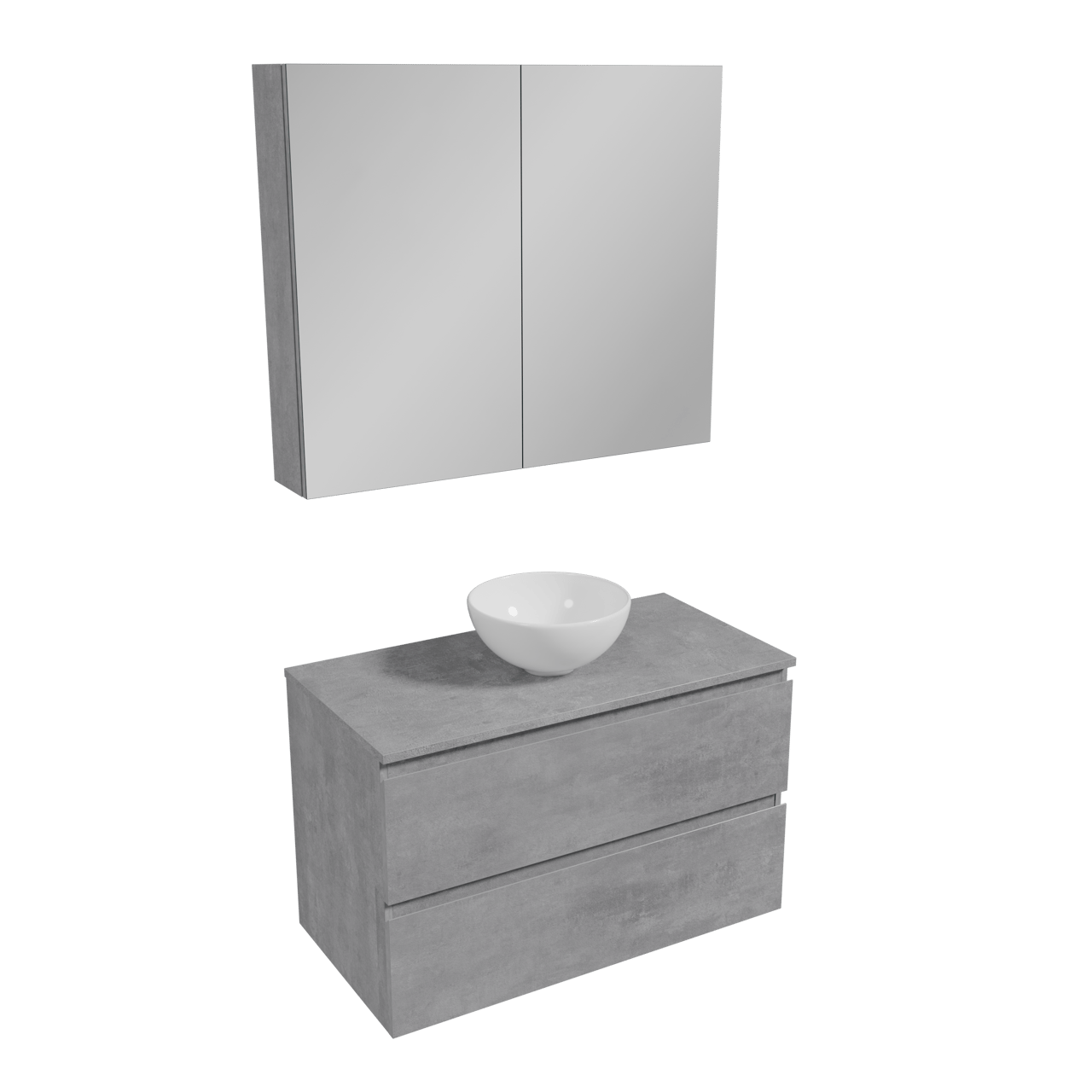 Linie Lado zwevend badkamermeubel 90 x 46 cm beton donkergrijs met Lado tablet, Lavo waskom in glanzend witte porselein en Montro spiegelkast