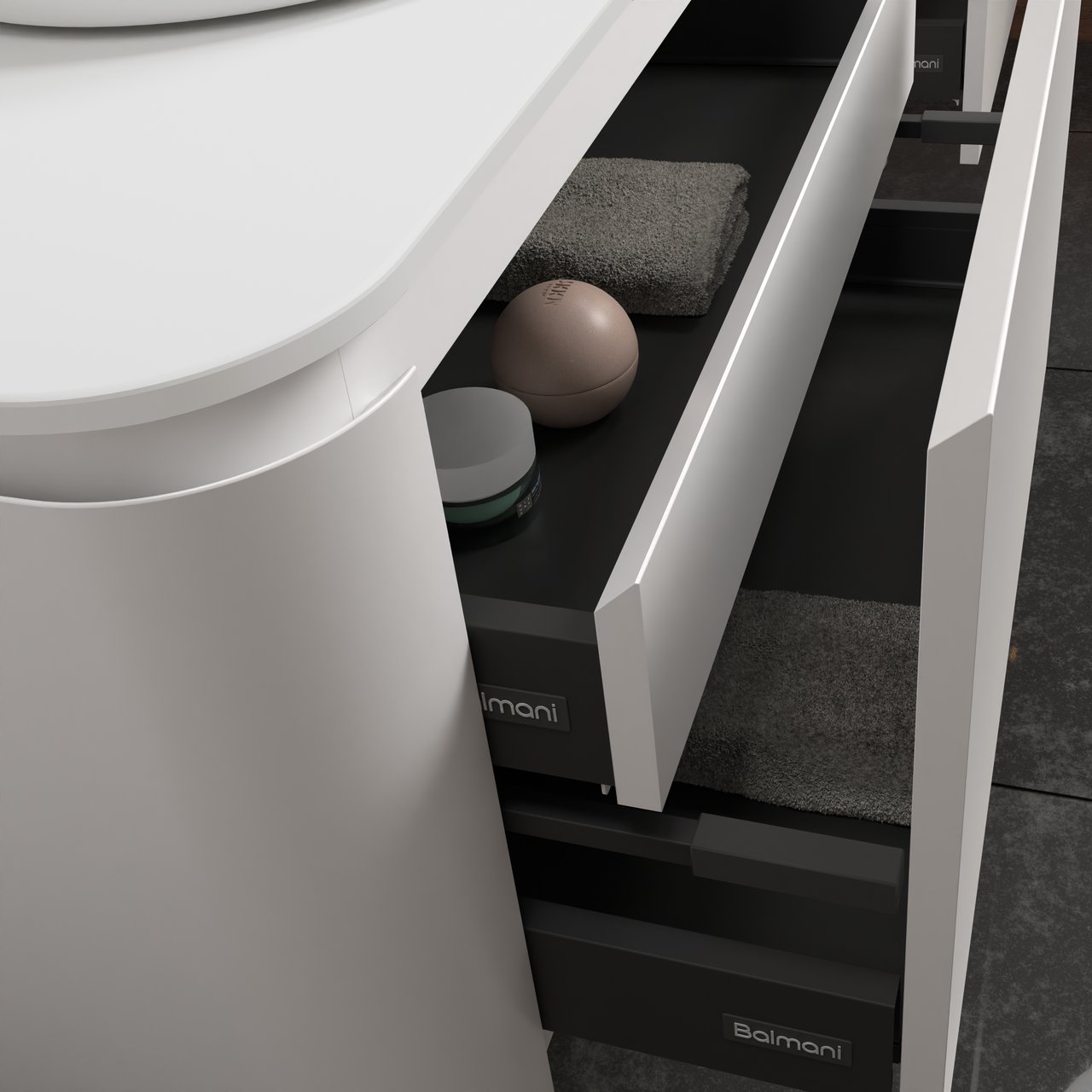 Balmani Moon hängendes Möbelstück Set: 160 x 55 cm, Weiß matt, mit Moon Einzel- oder Doppel Waschtischplatte, Solid Surface Weiß matt