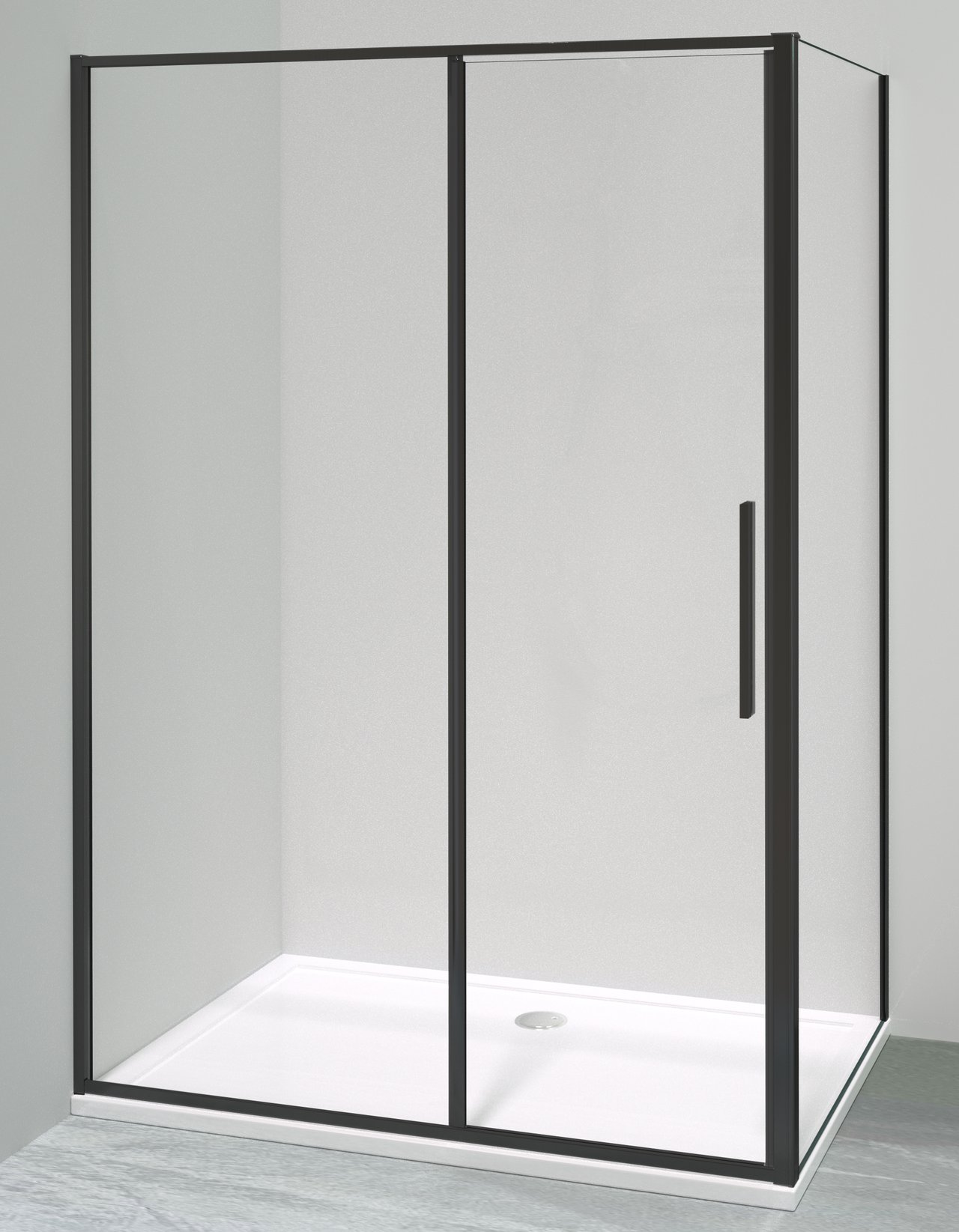 Luca Varess Morano paroi d'angle avec porte pivotante avec 2 panneaux latéraux fixes 90 x 140 cm verre transparent profil noir mat