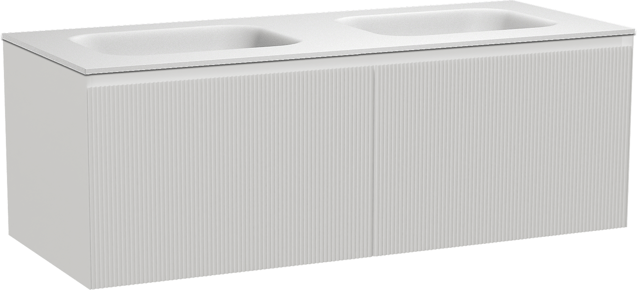 Balmani Fila zwevend badkamermeubel 135 x 55 cm mat wit met Tablo Arcato dubbele wastafel in solid surface mat wit, Verticale symmetrische rechte ribbel