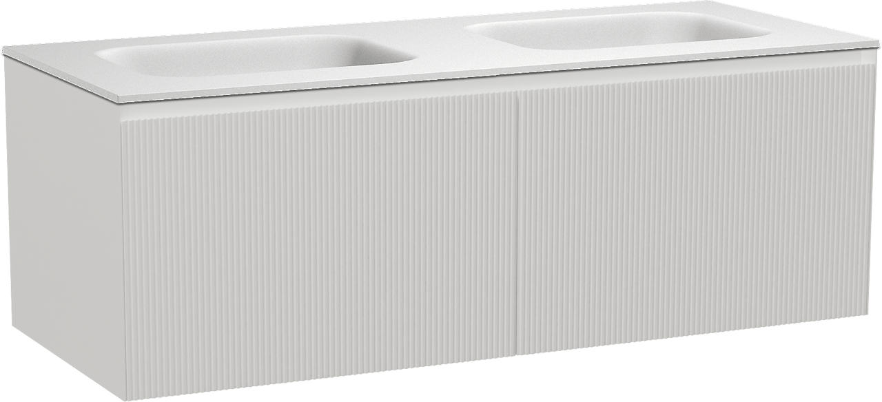 Balmani Fila zwevend badmeubel 135 x 55 cm mat wit met Tablo Arcato dubbele wastafel in solid surface mat wit, Verticale symmetrische rechte ribbel
