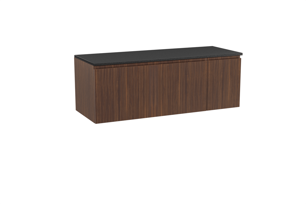 Storke Ribs zwevend badmeubel 140 x 52 cm notenhout met Panton enkel of dubbel wastafelblad in gepoedercoate mdf mat zwart, Verticale symmetrische rechte ribbel