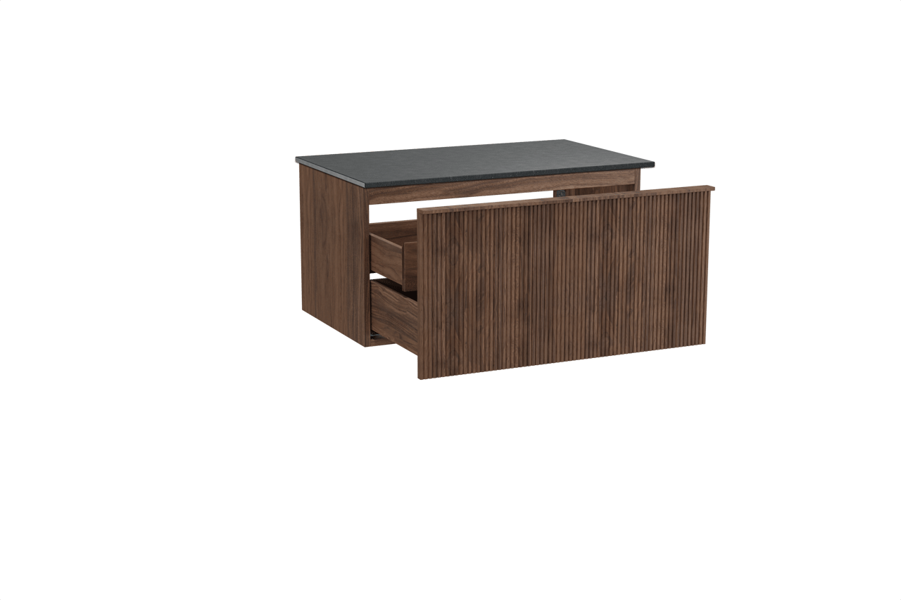 Balmani Forma hängendes Möbelstück Set: 90 x 55 cm, Amerikanischer Nussbaum, mit Stretto Einzel Waschtischplatte, Granit, Schwarzes Granit, Vertikale symmetrische gerade Rippe