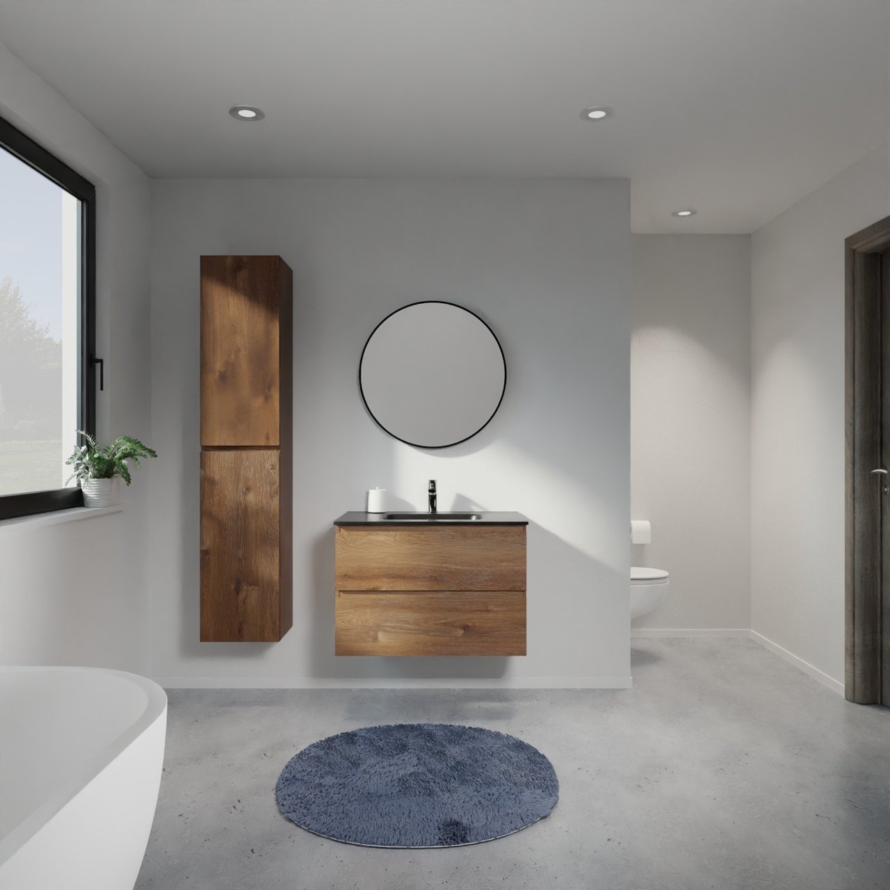 Linie Lado meuble salle de bains suspendu 80 x 46 cm chêne brun avec Baro plan simple en porcelaine noir mat