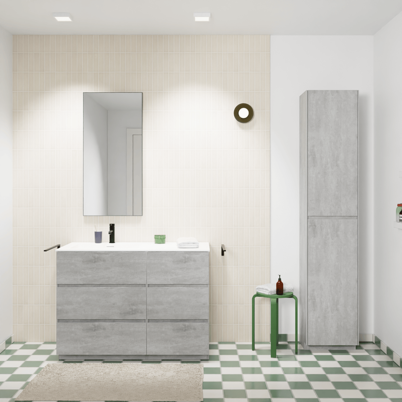 Storke Edge freistehendes Möbelstück Set: 110 x 52 cm, Beton dunkelgrau, mit Mata Waschtisch links, Solid Surface Weiß matt