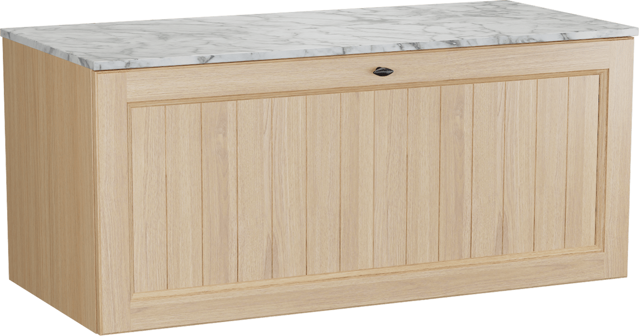 Balmani Lemon hängendes Möbelstück Set: 120 x 55 cm, Naturbelassene Eiche Furnier, mit Stretto Einzel- oder Doppel Waschtischplatte, Carrara