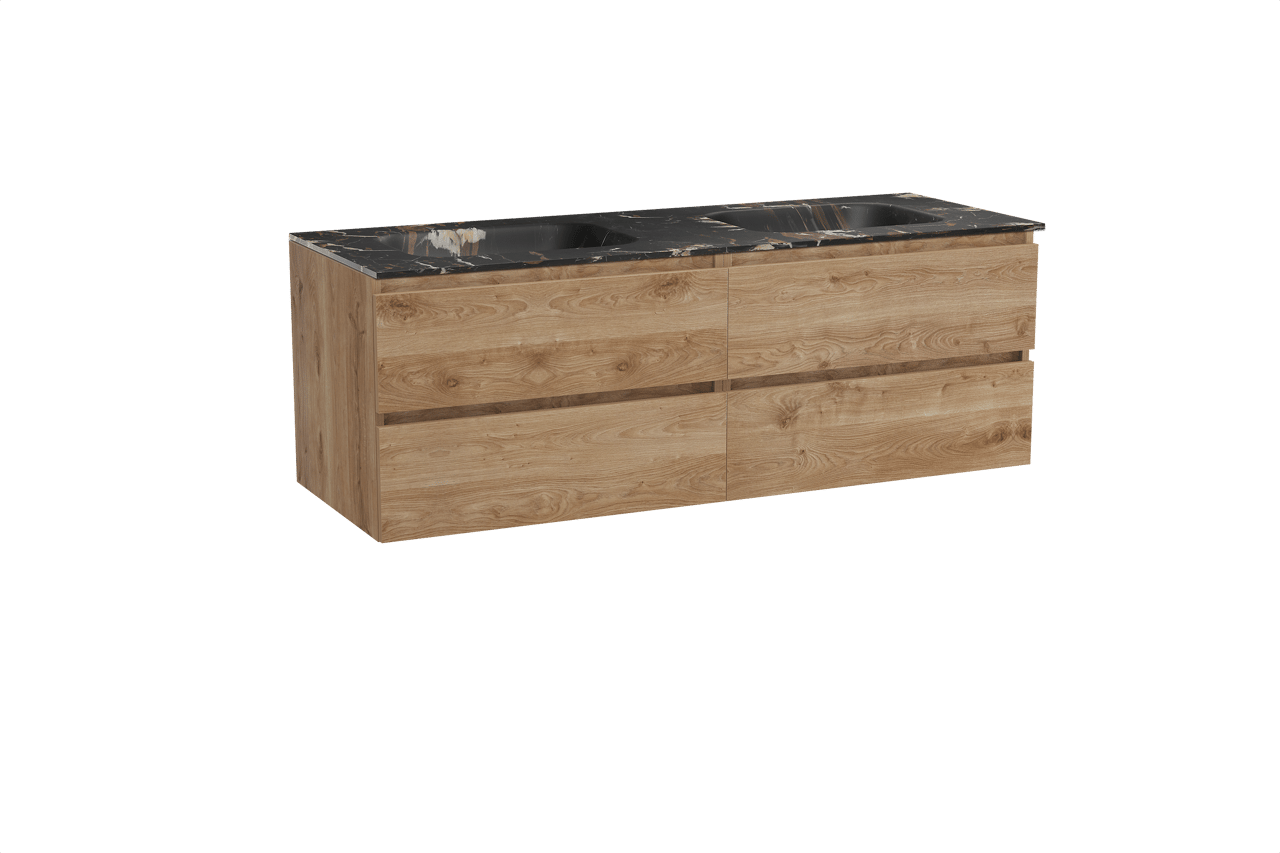 Balmani Lucida meuble salle de bains suspendu 150 x 55 cm chêne brut avec Tablo Arcato double vasque en marbre portoro gold