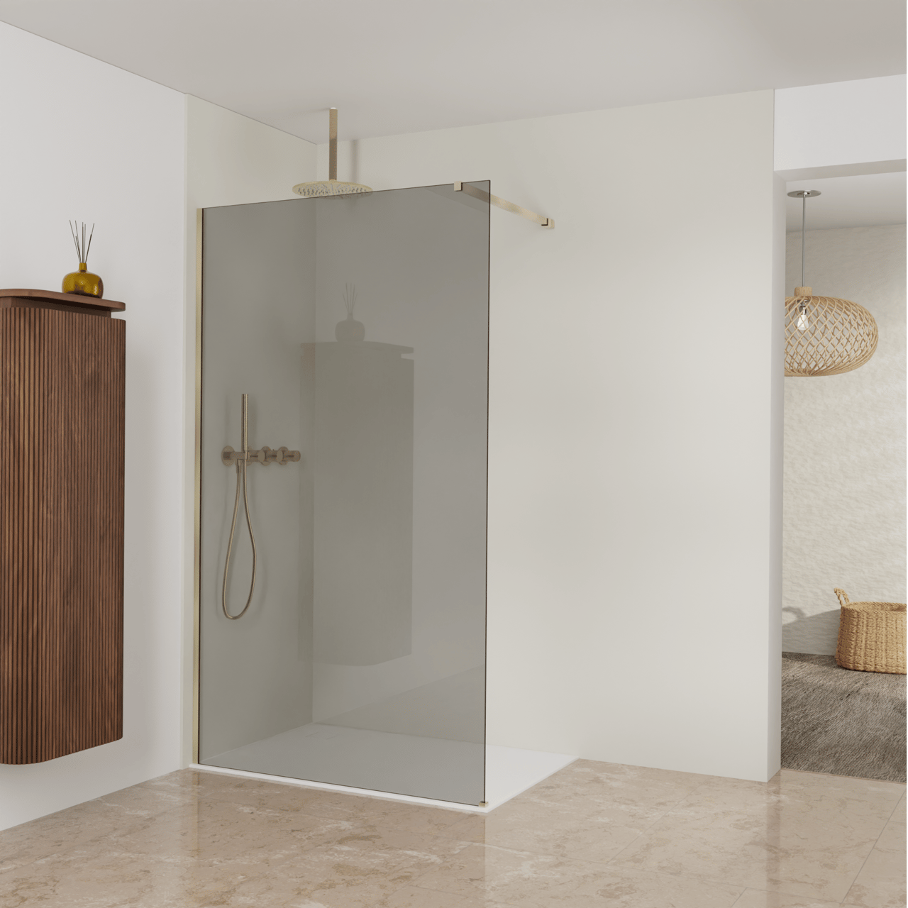 Balmani Modular inloopdouche: 120 x 200 cm, Rookglas met coating, Brushed Champagne Gold profielen
