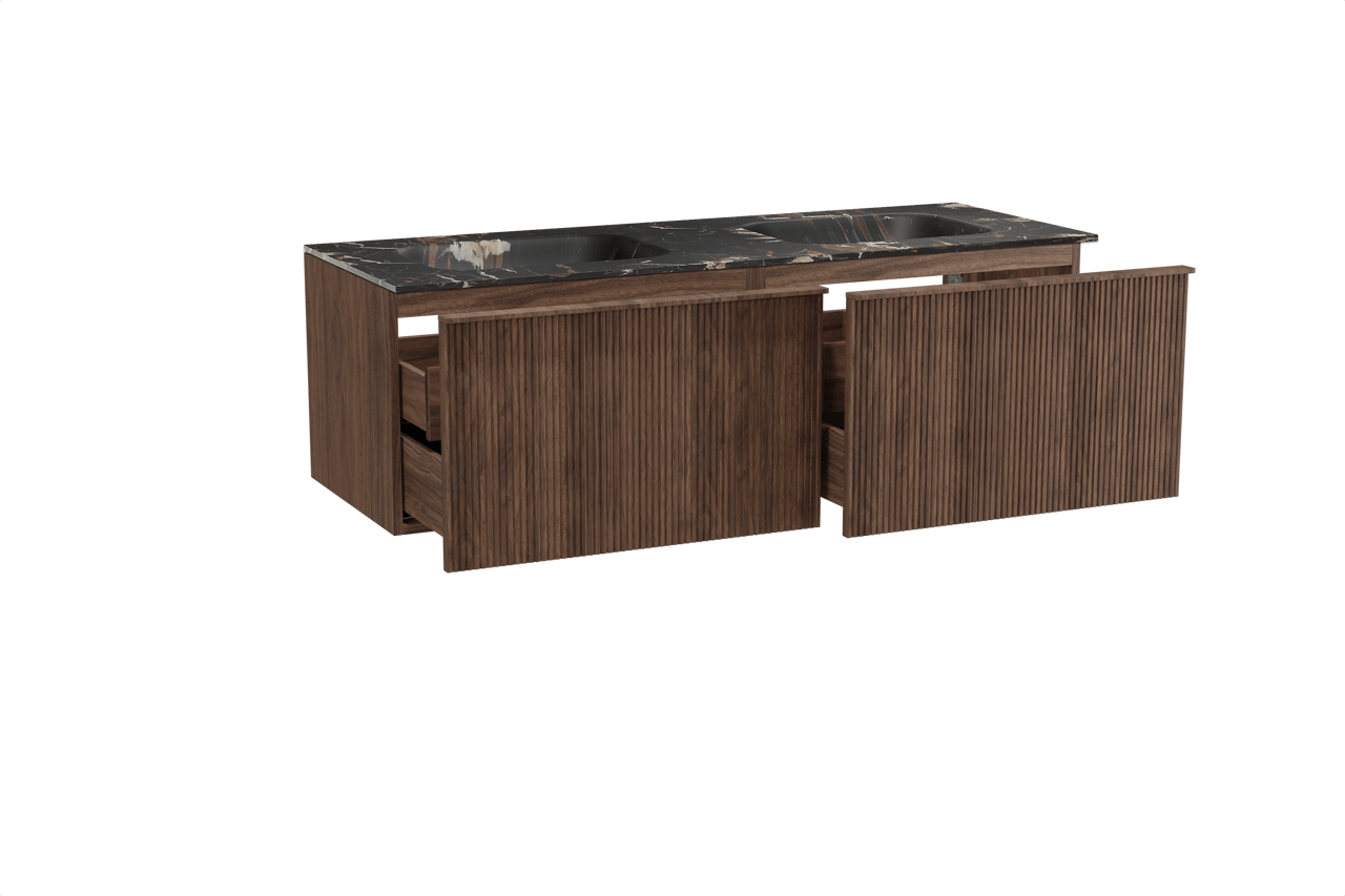 Balmani Forma hängendes Möbelstück Set: 150 x 55 cm, Amerikanischer Nussbaum, mit Tablo Arcato Doppelwaschtisch, Marmor, Portoro Gold, Vertikale symmetrische gerade Rippe