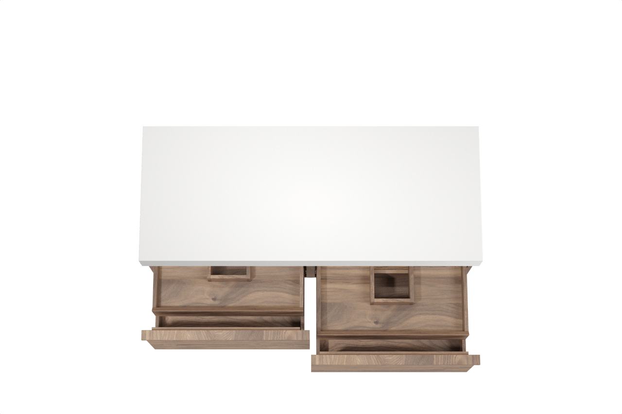 Balmani Forma hängendes Möbelstück Set: 135 x 55 cm, Amerikanischer Nussbaum, mit Dominus Einzel- oder Doppel Waschtischplatte, Solid Surface, Weiß matt, Horizontale symmetrische gerade Rippe