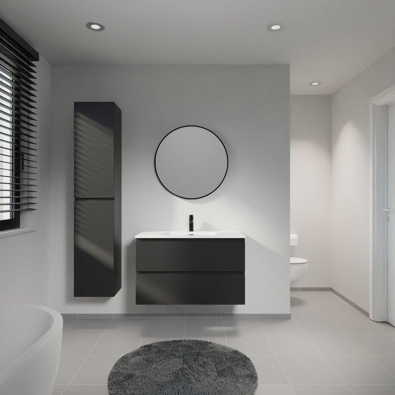 Linie Lado hängendes Möbelstück Set: 90 x 46 cm, Schwarz matt, mit Baro Einzelwaschtisch, Porzellan Weiß matt