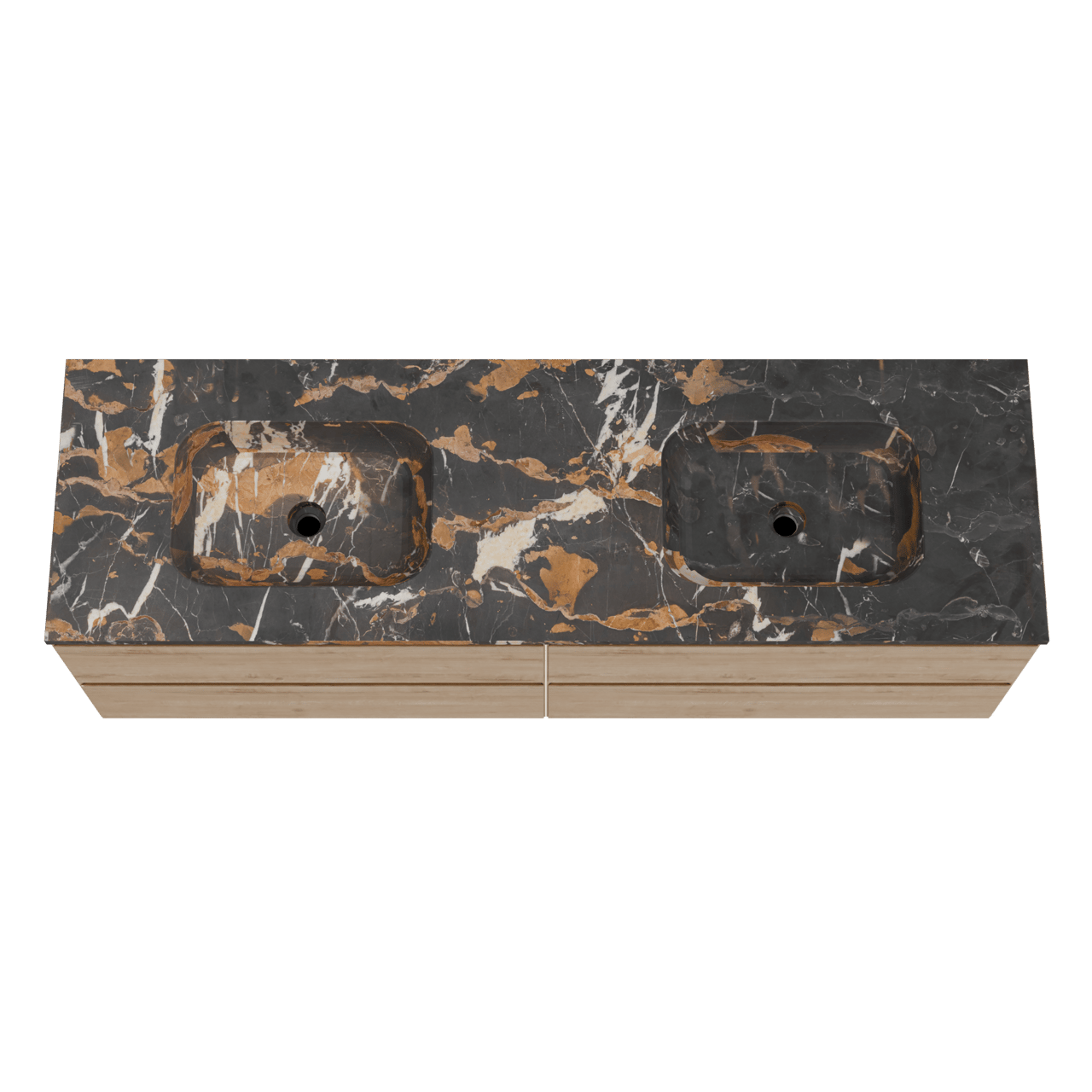 Balmani Mitra hängendes Möbelstück Set: 180 x 55 cm, Rohe Eiche, mit Tablo Arcato Doppelwaschtisch, Marmor Portoro Gold