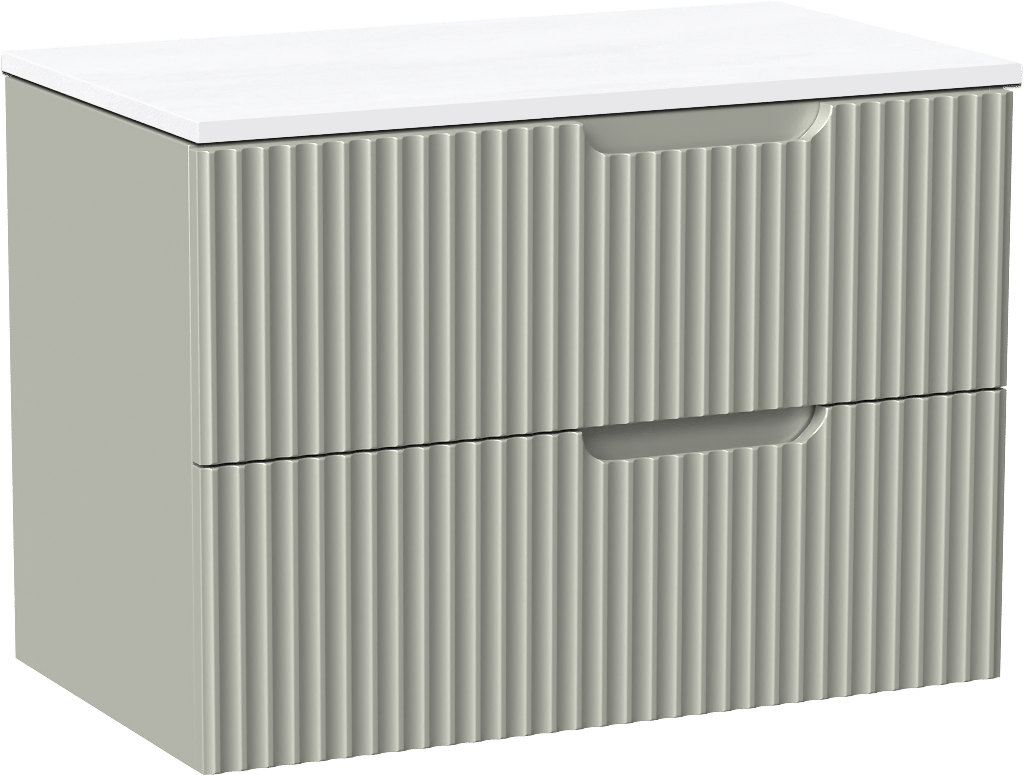 Linie Ribbo meuble salle de bains suspendu 80 x 46 cm greige avec Lado tablette simple en marbre composite blanc brillant, Nervure circulaire symétrique verticale