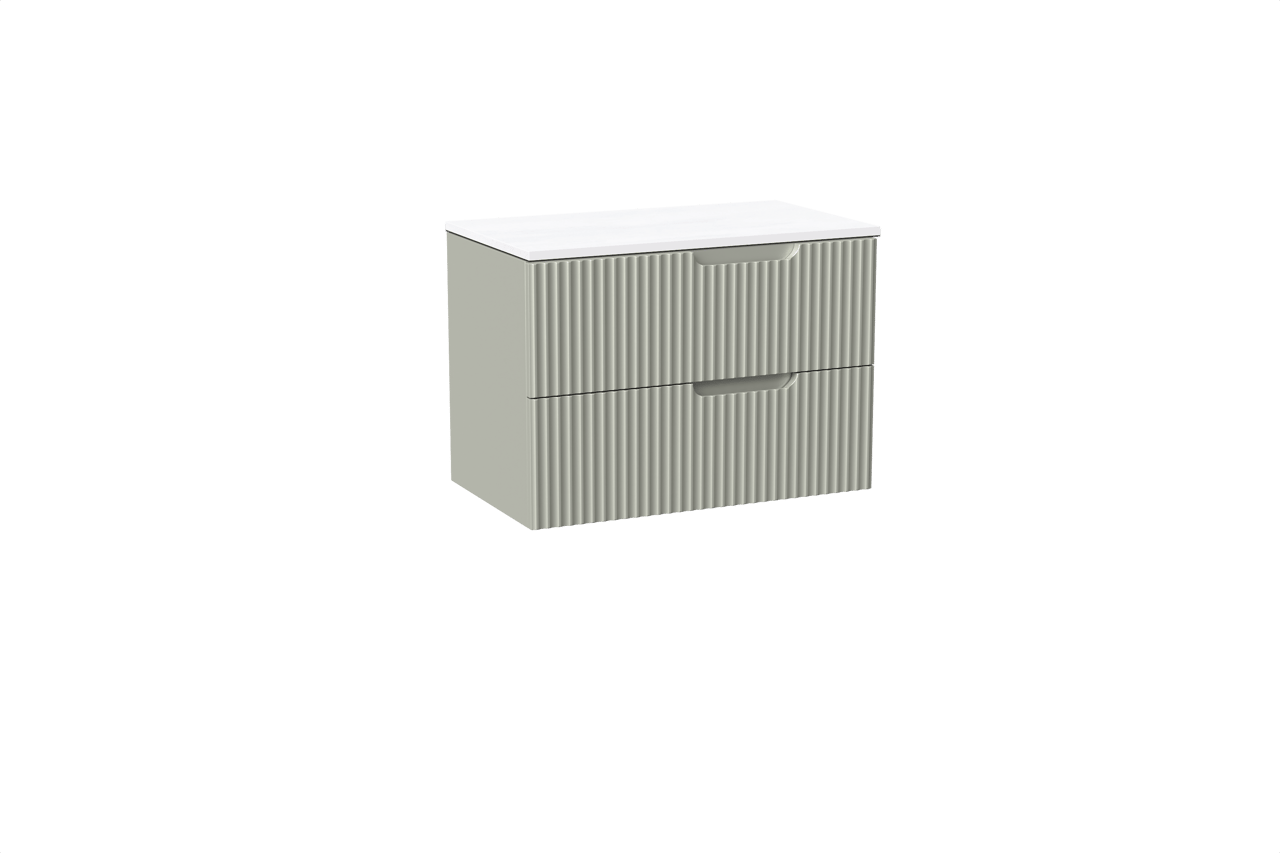 Linie Ribbo meuble salle de bains suspendu 80 x 46 cm greige avec Lado tablette simple en marbre composite blanc mat, Nervure circulaire symétrique verticale