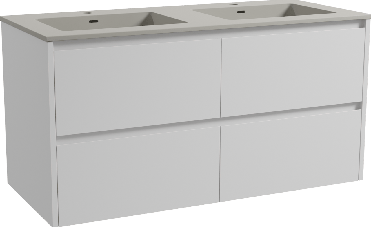 Storke Seda zwevend badmeubel 120 x 52 cm mat wit met Diva dubbele wastafel in top solid zijdegrijs