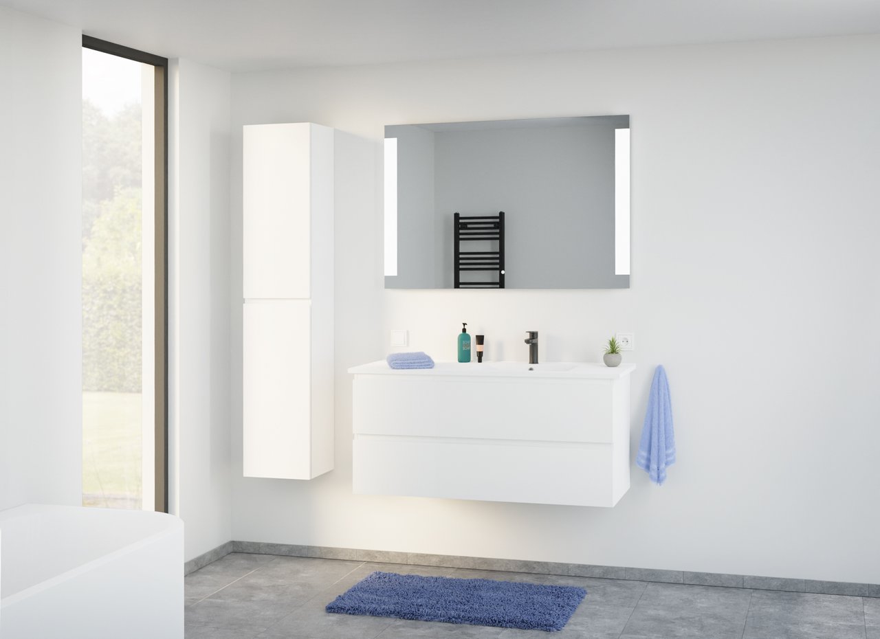Linie Lado hängender Waschbeckenunterschrank: 40 x 46 cm, Weiß matt, 2 Schubladen