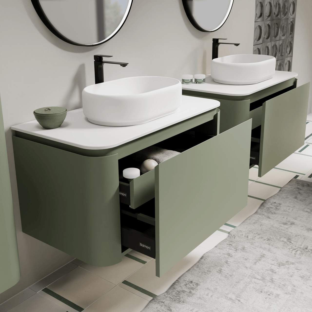 Balmani Moon meuble salle de bains suspendu 100 x 55 cm vert sauge avec Moon tablette simple en solid surface blanc mat