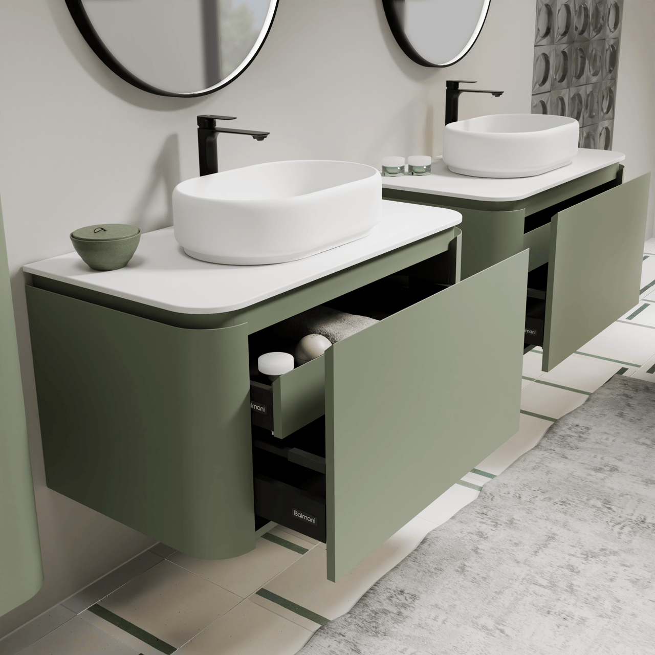 Balmani Moon zwevend badkamermeubel 100 x 55 cm saliegroen met Moon enkel tablet in solid surface mat wit