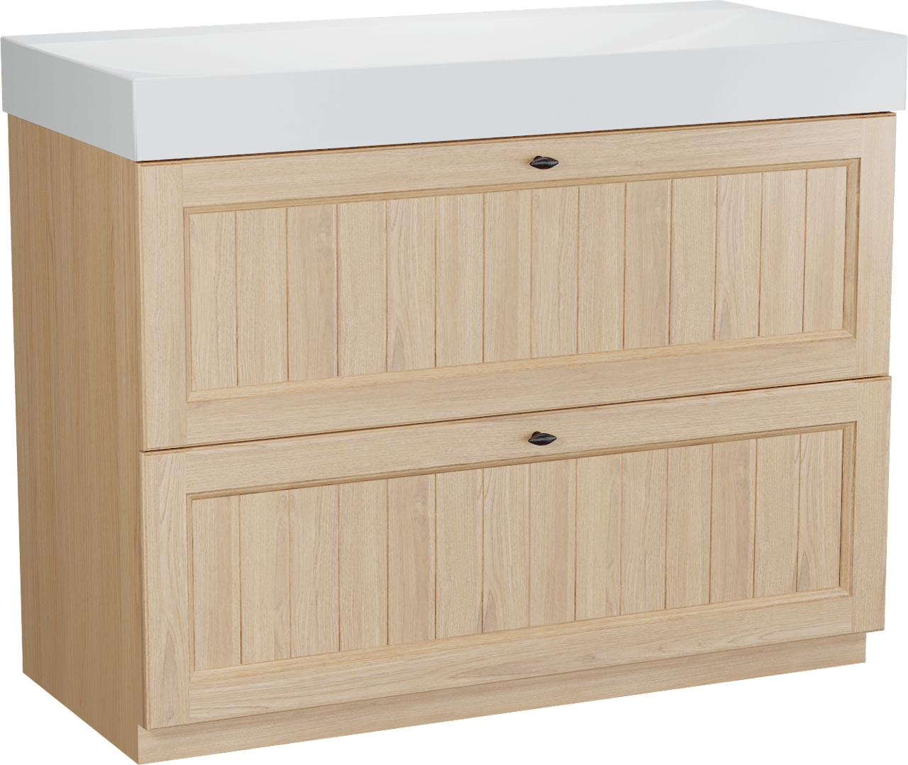 Balmani Lemon staand badmeubel 120 x 55 cm, fineer naturel eiken met Wave enkele wastafel voor 2 kraangaten in mat wit