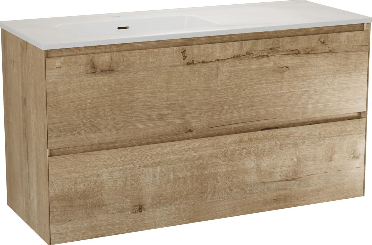 Balmani Mitra Compact zwevend badkamermeubel 120 x 46 cm ruwe eik met Nostra asymmetrisch linkse wastafel in porselein glanzend wit