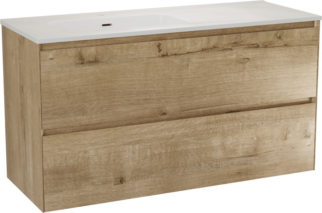 Balmani Mitra Compact hängendes Möbelstück Set: 120 x 46 cm, Eiche Rau, mit Nostra Waschtisch links Keramik Weiβ glänzend