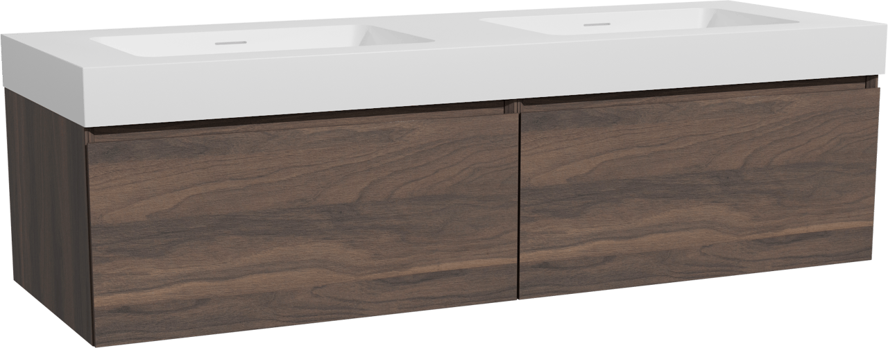 Storke Edge hängendes Möbelstück Set: 150 x 52 cm, Nussbaum, mit Mata High Doppelwaschtisch, Solid Surface Weiß matt