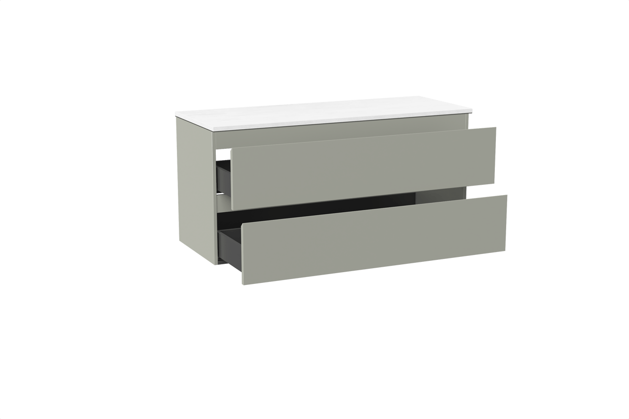 Linie Lado hängendes Möbelstück Set: 120 x 46 cm, Greige, mit Lado Doppel Waschtischplatte, Marmorkomposit Weiß matt