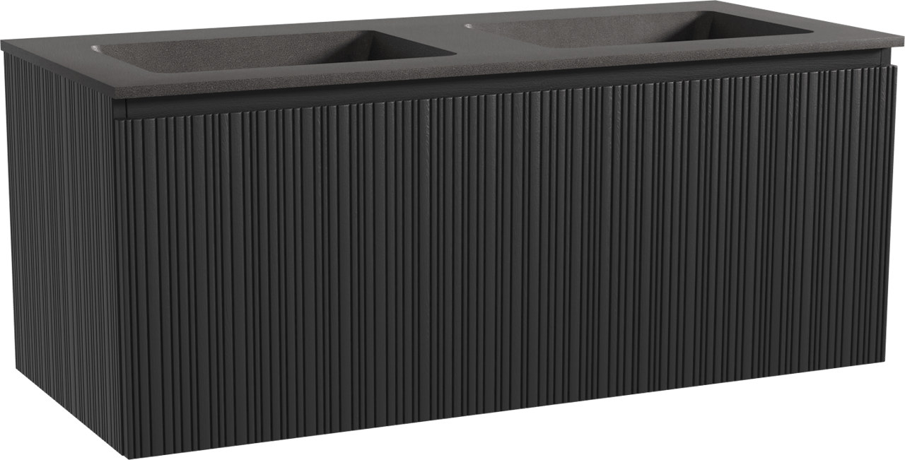 Storke Ribs zwevend badmeubel 120 x 52 cm zwart eiken met Scuro dubbele wastafel in kwarts mat zwart, Verticale asymmetrische rechte ribbel