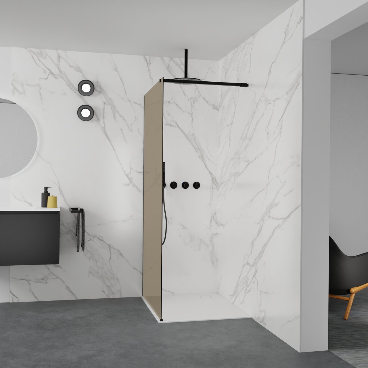 Balmani Modular Walk-In Dusche: 100 x 200 cm, Bronze Glas, inklusive Coating, Profil Schwarz matt