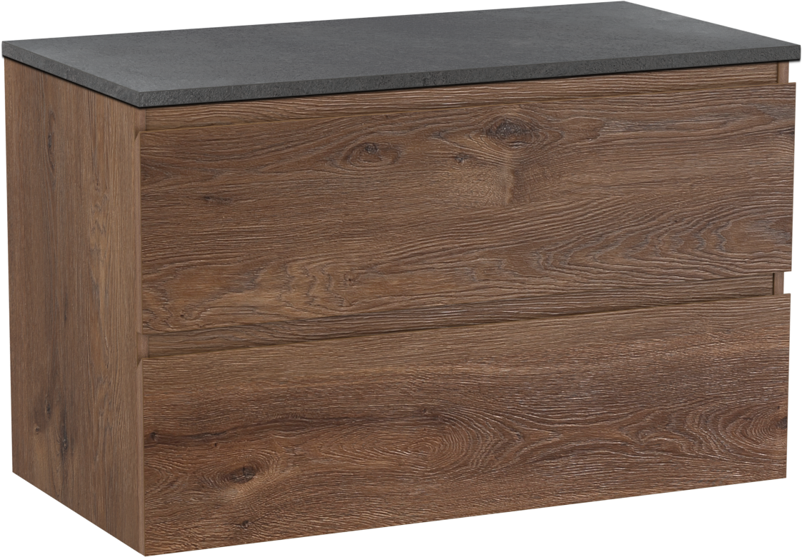 Linie Lado zwevend badkamermeubel 90 x 46 cm bruine eik met Lado enkel tablet in melamine leisteen grijs