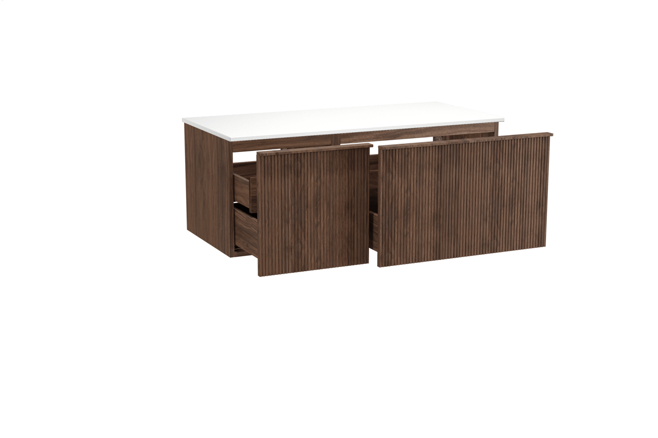 Balmani Forma zwevend badmeubel 120 x 55 cm amerikaans notenhout met Stretto enkel of dubbel wastafelblad in solid surface mat wit, Verticale symmetrische rechte ribbel