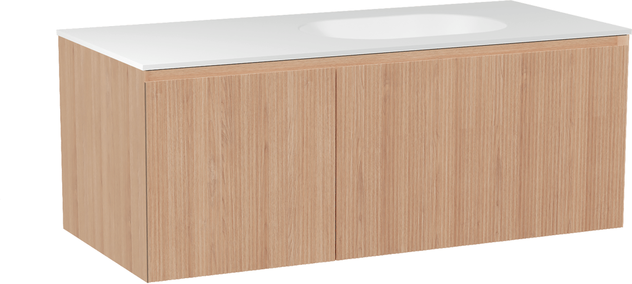 Balmani Fila zwevend badmeubel 120 x 55 cm naturel eiken met Tablo Oval asymmetrisch rechtse wastafel in solid surface mat wit, Verticale symmetrische rechte ribbel